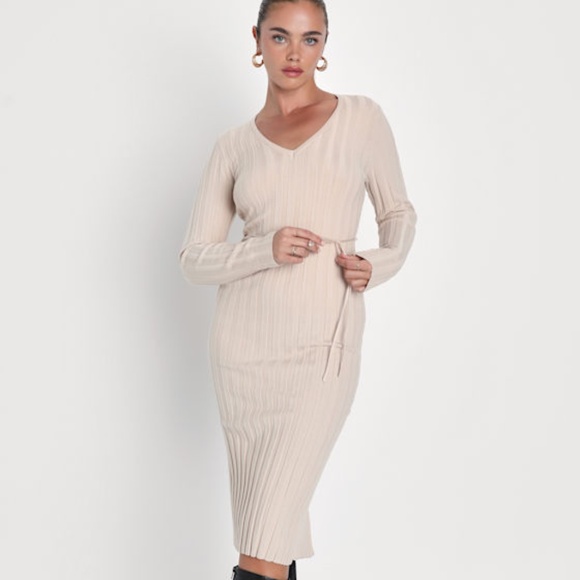 Lulus Admirable Perfection Beige Ribbed Long Sleeve Midi Dress - Size M - Picture 1 of 4